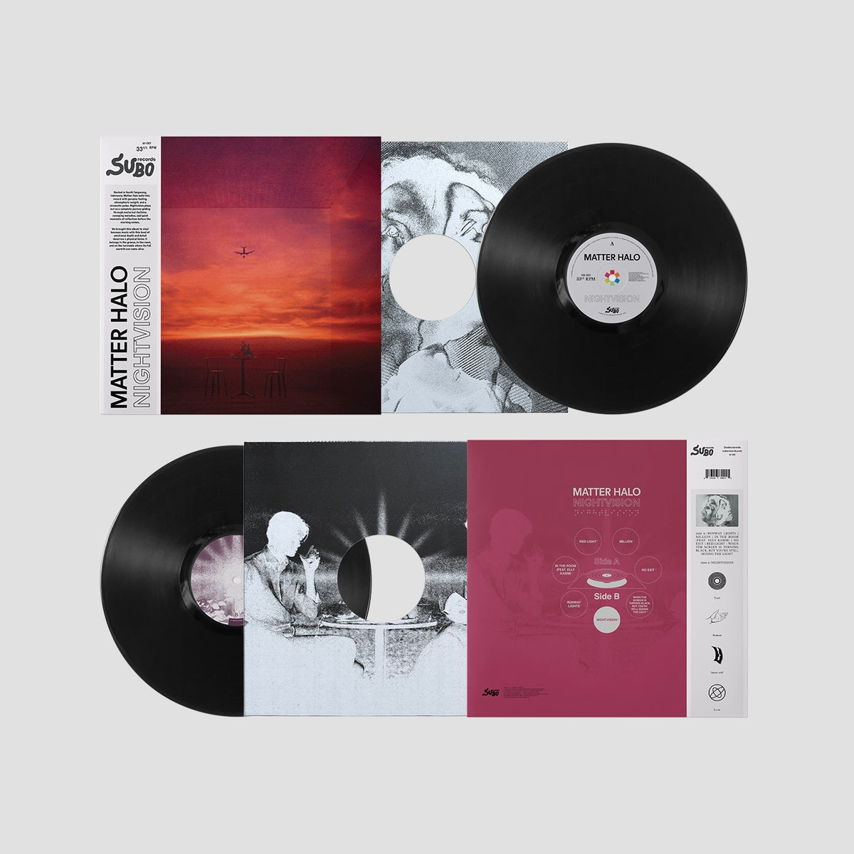 Flat lay of Matter Halo – Nightvision vinyl LP: front and back covers, both inner sleeves, and two black records